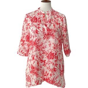 🍀J. Peterman Red White Floral Toile Split Neck Asymmetric Tunic Top Women's XS